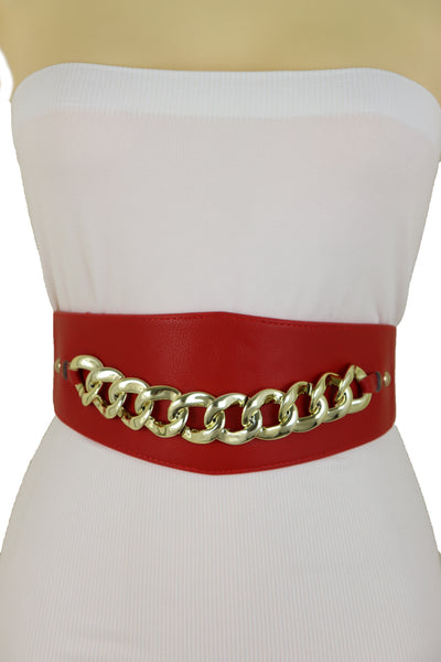 Brand New Women Red Faux Leather High Waist Hip Corset Cinch Elastic Belt Gold Chain S M