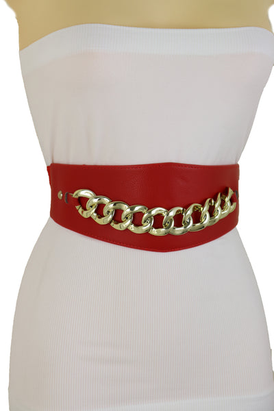Brand New Women Red Faux Leather High Waist Hip Corset Cinch Elastic Belt Gold Chain S M