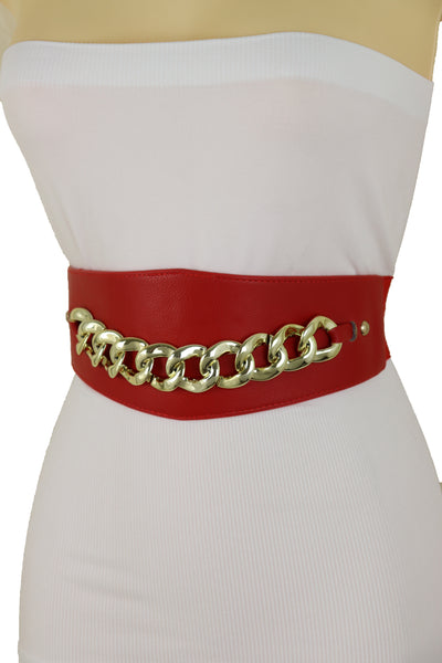 Brand New Women Red Faux Leather High Waist Hip Corset Cinch Elastic Belt Gold Chain S M