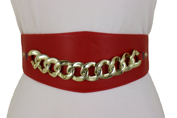 Brand New Women Red Faux Leather High Waist Hip Corset Cinch Elastic Belt Gold Chain S M