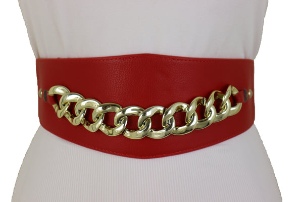 Women Red Faux Leather High Waist Hip Corset Cinch Elastic Belt Gold Chain Links Fit Size S M