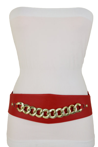 Brand New Women Red Faux Leather High Waist Hip Corset Cinch Elastic Belt Gold Chain S M