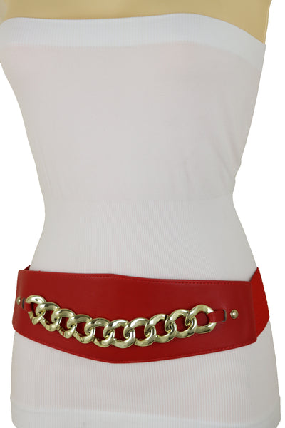 Brand New Women Red Faux Leather High Waist Hip Corset Cinch Elastic Belt Gold Chain S M