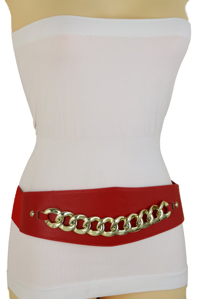 Brand New Women Red Faux Leather High Waist Hip Corset Cinch Elastic Belt Gold Chain S M