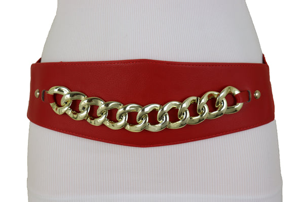 Brand New Women Red Faux Leather High Waist Hip Corset Cinch Elastic Belt Gold Chain S M