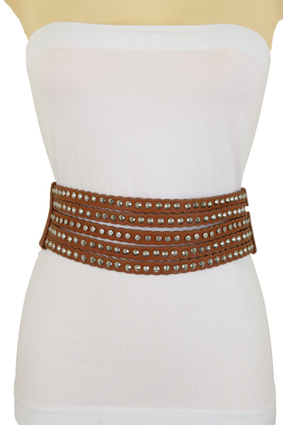 Brand New Women Wide Elastic Strap Brown Faux Leather Belt Silver Metal Studs Spikes S M