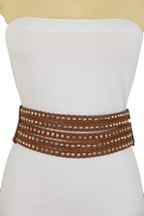 Women Wide Elastic Waistband Wide Strap Brown Faux Leather Belt Silver Metal Studs Spikes Size S M