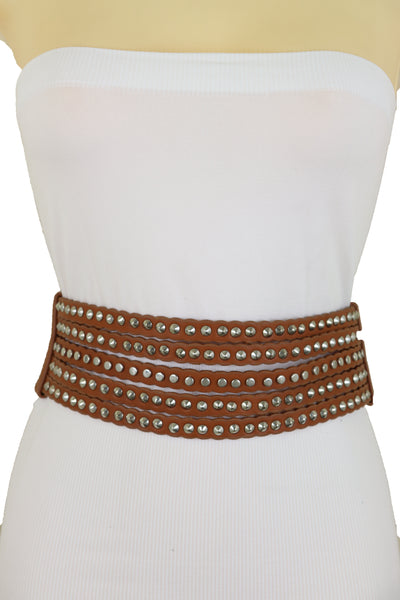 Brand New Women Wide Elastic Strap Brown Faux Leather Belt Silver Metal Studs Spikes S M