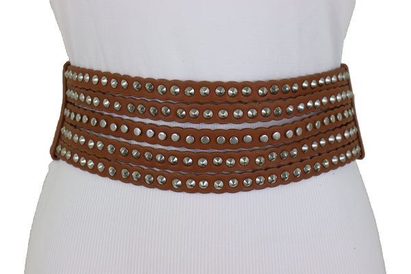 Brand New Women Wide Elastic Strap Brown Faux Leather Belt Silver Metal Studs Spikes S M