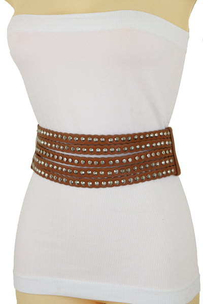Brand New Women Wide Elastic Strap Brown Faux Leather Belt Silver Metal Studs Spikes S M
