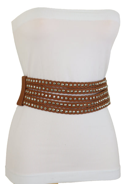 Brand New Women Wide Elastic Strap Brown Faux Leather Belt Silver Metal Studs Spikes S M