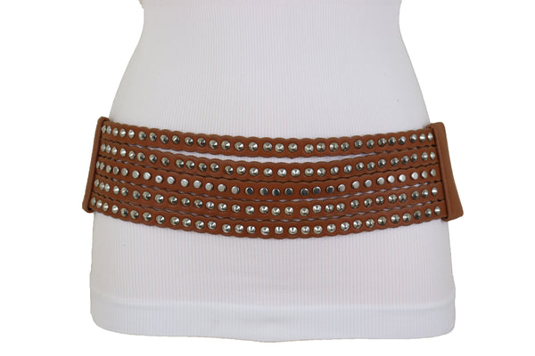 Brand New Women Wide Elastic Strap Brown Faux Leather Belt Silver Metal Studs Spikes S M