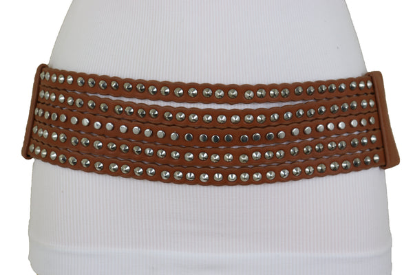 Brand New Women Wide Elastic Strap Brown Faux Leather Belt Silver Metal Studs Spikes S M
