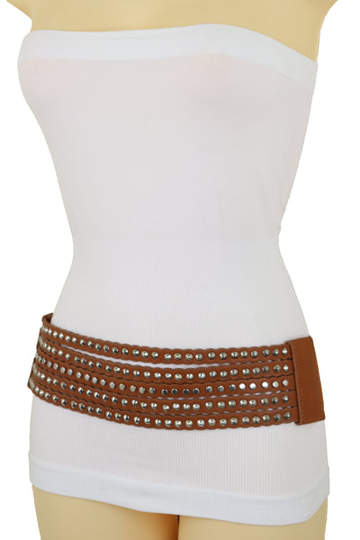 Brand New Women Wide Elastic Strap Brown Faux Leather Belt Silver Metal Studs Spikes S M