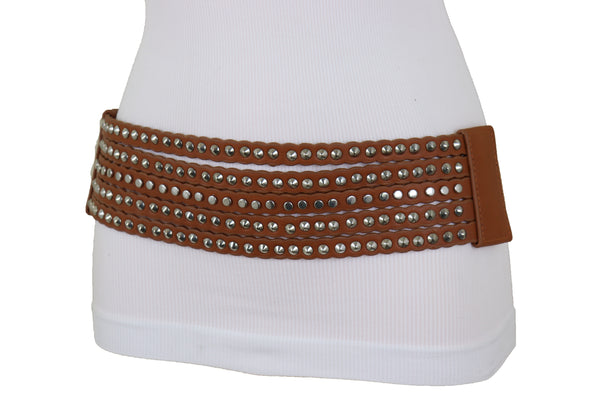 Brand New Women Wide Elastic Strap Brown Faux Leather Belt Silver Metal Studs Spikes S M