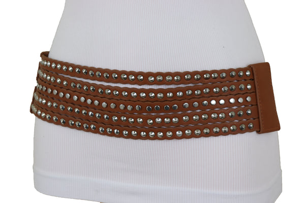 Brand New Women Wide Elastic Strap Brown Faux Leather Belt Silver Metal Studs Spikes S M