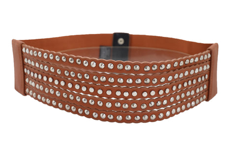 Brand New Women Wide Elastic Strap Brown Faux Leather Belt Silver Metal Studs Spikes S M
