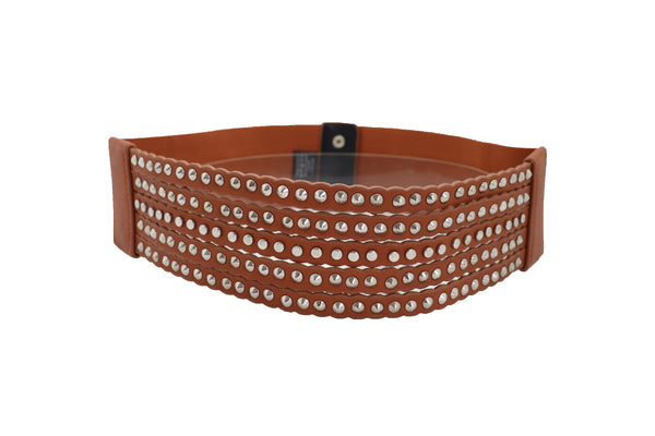 Brand New Women Wide Elastic Strap Brown Faux Leather Belt Silver Metal Studs Spikes S M