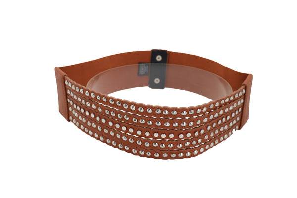 Brand New Women Wide Elastic Strap Brown Faux Leather Belt Silver Metal Studs Spikes S M