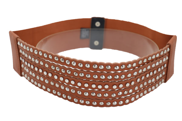 Brand New Women Wide Elastic Strap Brown Faux Leather Belt Silver Metal Studs Spikes S M
