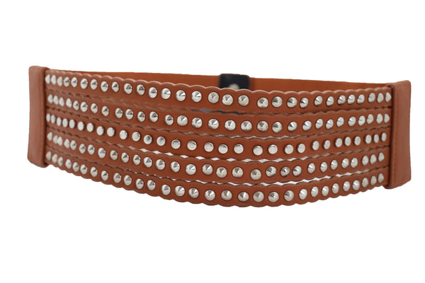 Brand New Women Wide Elastic Strap Brown Faux Leather Belt Silver Metal Studs Spikes S M