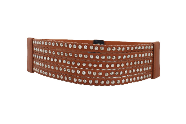 Women Wide Elastic Waistband Wide Strap Brown Faux Leather Belt Silver Metal Studs Spikes Size S M