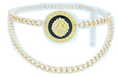 Gold Metal Wave Chain Belt with Lion Medallion Pendant