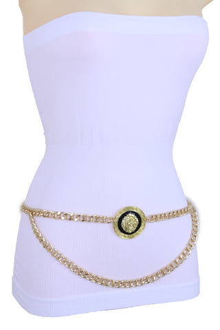 Women Gold Metal Chain Lion Charm Coin Buckle Belt Hip Waist Adjustable Band Plus Size XL XXL