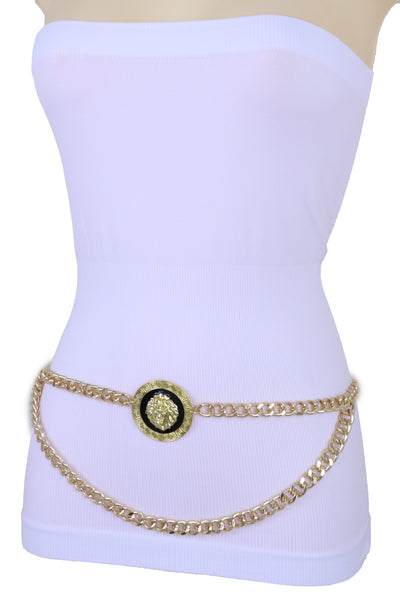 Women Gold Metal Chain Lion Charm Coin Buckle Belt Hip Waist Adjustable Band Plus Size XL XXL