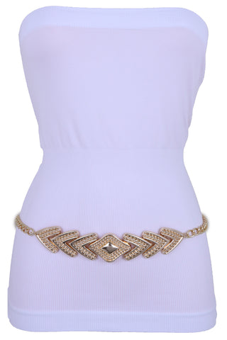 Women Skinny Bling Belt Gold Metal Chain Link Red Fringes Tassel Buckle M L  XL