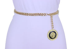 Gold Metal Skinny Chain Belt With Large Lion Medallion Pendant