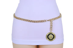 Gold Metal Skinny Chain Belt With Large Lion Medallion Pendant