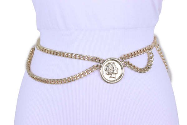 Women Belt Gold Metal Chain Side Wave Big Coin Medallion Waist Hip Fits Sizes M L XL