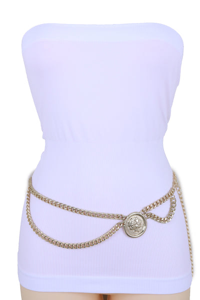 Women Trendy Fashion Belt Gold Metal Chain Side Wave Big Coin Medallion High Waist Hip Size M L XL