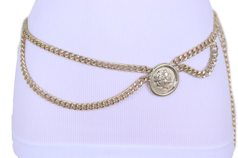 Women Trendy Fashion Belt Gold Metal Chain Side Wave Big Coin Medallion High Waist Hip Size M L XL