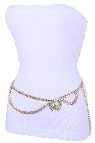 Women Fashion Belt Gold Metal Chain Side Wave Big Coin High Waist Hip Fits Sizes XS S M