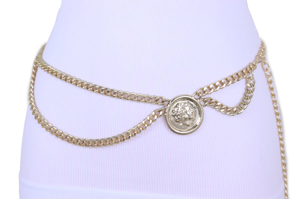 Women Trendy Fashion Belt Gold Metal Chain Side Wave Big Coin Medallion High Waist Hip Size M L XL