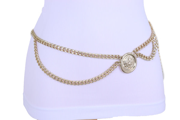 Women Trendy Fashion Belt Gold Metal Chain Side Wave Big Coin Medallion High Waist Hip Size M L XL