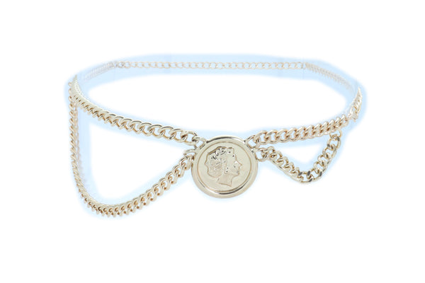 Women Trendy Fashion Belt Gold Metal Chain Side Wave Big Coin Medallion High Waist Hip Size M L XL