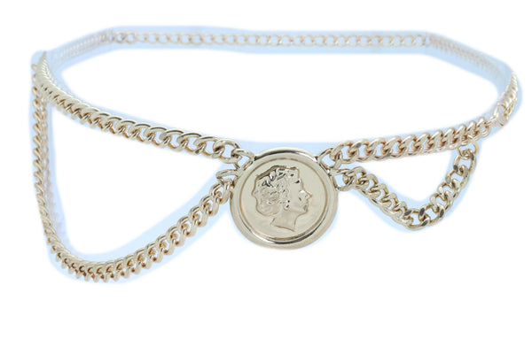 Women Trendy Fashion Belt Gold Metal Chain Side Wave Big Coin Medallion High Waist Hip Size M L XL