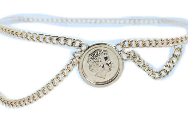 Women Hip High Waist Belt Gold Metal Chain Wave Medallion Coin Charm Buckle Fits Size M L XL