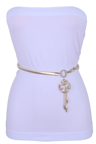 Brand New Women Skinny Elastic Waistband Belt Gold Metal Flower Hip High Waist Size S M L