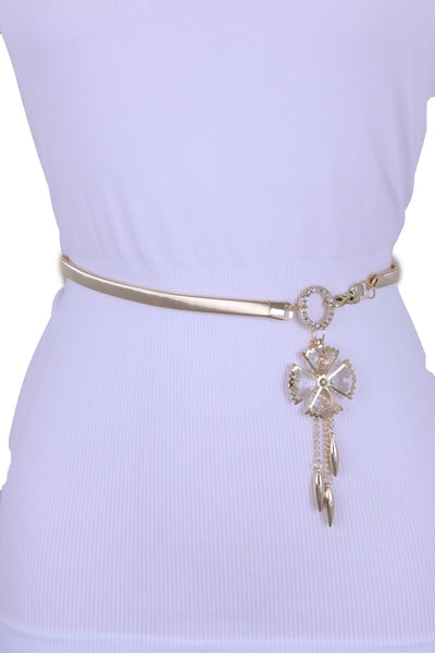 Brand New Women Skinny Elastic Waistband Belt Gold Metal Flower Hip High Waist Size S M L
