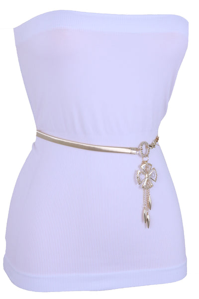 Brand New Women Skinny Elastic Waistband Belt Gold Metal Flower Hip High Waist Size S M L