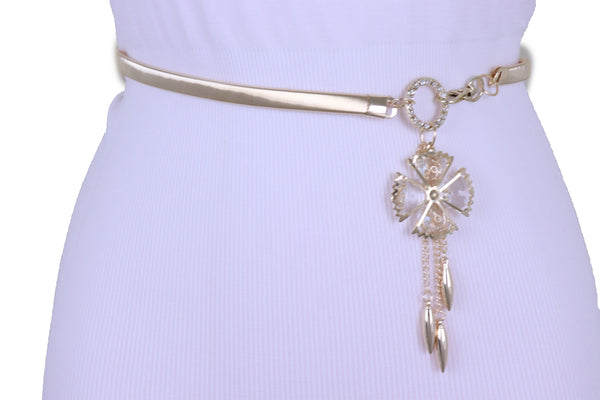 Brand New Women Skinny Elastic Waistband Belt Gold Metal Flower Hip High Waist Size S M L
