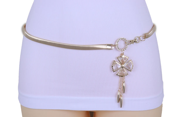 Brand New Women Skinny Elastic Waistband Belt Gold Metal Flower Hip High Waist Size S M L
