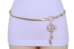 Skinny Elastic Waistband Belt Gold Metal Flower Hip High Waist Size S M L