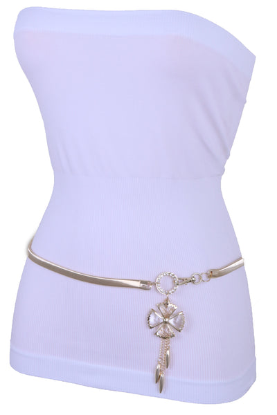 Brand New Women Skinny Elastic Waistband Belt Gold Metal Flower Hip High Waist Size S M L