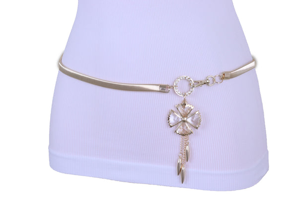 Brand New Women Skinny Elastic Waistband Belt Gold Metal Flower Hip High Waist Size S M L