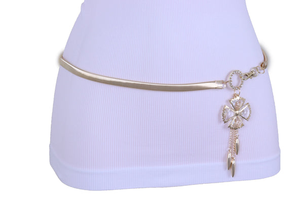 Brand New Women Skinny Elastic Waistband Belt Gold Metal Flower Hip High Waist Size S M L
